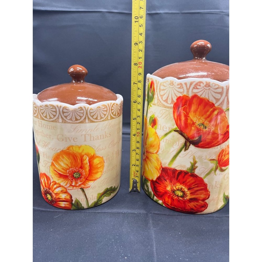 Poppy Canister Set 2 Give Thanks Retro Ceramic Flowers Cookie Jar - Picture 2 of 6